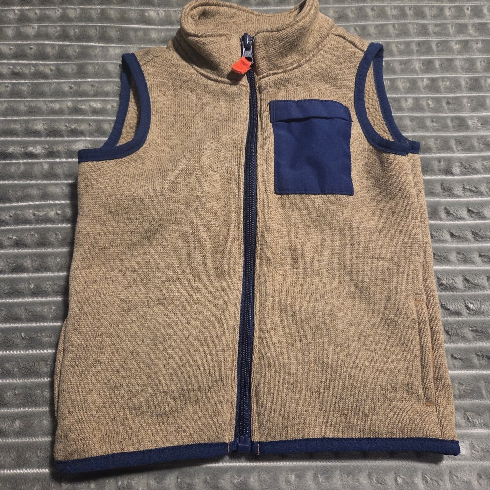 Carter's Boy Full Zip Fleece Vest Tan Heather Navy Blue Chest Pocket Size 24M